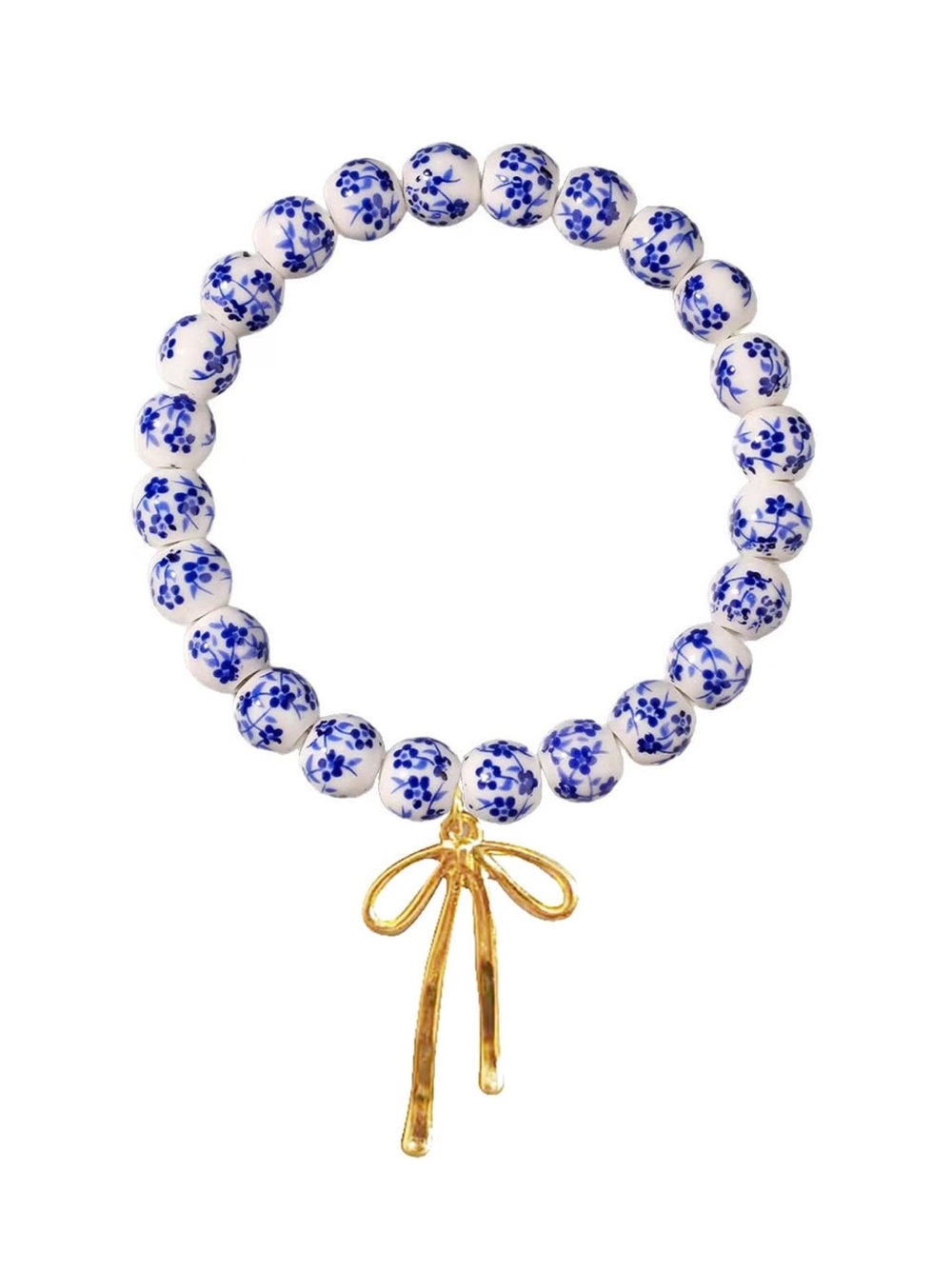 Cottage Blue Floral Bead Ceramic Bracelet with Gold Bow Charm